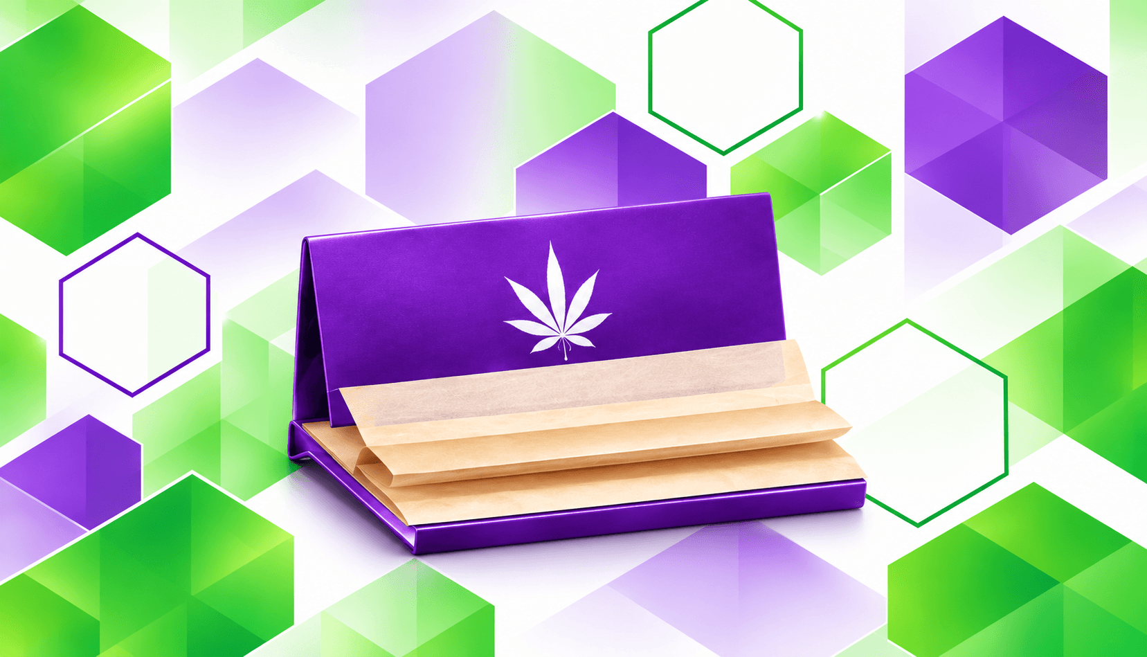 Purple rolling paper package on green and purple geometric artwork