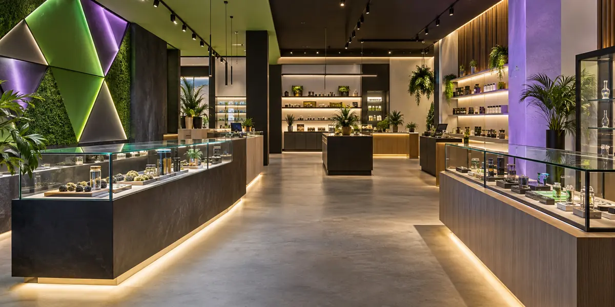 Modern cannabis retail interior with green and purple geometric lighting